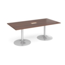 Trumpet base rectangular boardroom table 2000mm x 1000mm with central cutout 272mm x 132mm - silver base and walnut top