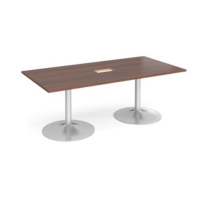 Trumpet base rectangular boardroom table 2000mm x 1000mm with central cutout 272mm x 132mm - silver base and walnut top