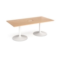 Trumpet base rectangular boardroom table 2000mm x 1000mm with central cutout 272mm x 132mm - white base and beech top