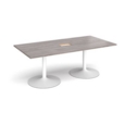 Trumpet base rectangular boardroom table 2000mm x 1000mm with central cutout 272mm x 132mm - white base and grey oak top