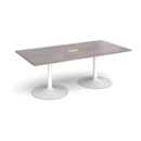 Trumpet base rectangular boardroom table 2000mm x 1000mm with central cutout 272mm x 132mm - white base and grey oak top