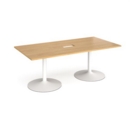 Trumpet base rectangular boardroom table 2000mm x 1000mm with central cutout 272mm x 132mm - white base and oak top