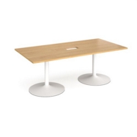 Trumpet base rectangular boardroom table 2000mm x 1000mm with central cutout 272mm x 132mm - white base and oak top