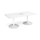 Trumpet base rectangular boardroom table 2000mm x 1000mm with central cutout 272mm x 132mm - white base and white top