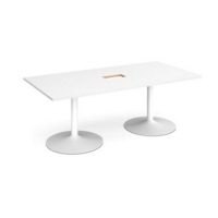 Trumpet base rectangular boardroom table 2000mm x 1000mm with central cutout 272mm x 132mm - white base and white top