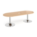 Trumpet base radial end boardroom table 2400mm x 1000mm with central cutout 272mm x 132mm - chrome base and beech top