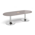 Trumpet base radial end boardroom table 2400mm x 1000mm with central cutout 272mm x 132mm - chrome base and grey oak top