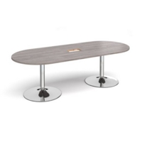Trumpet base radial end boardroom table 2400mm x 1000mm with central cutout 272mm x 132mm - chrome base and grey oak top