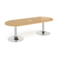 Trumpet base radial end boardroom table 2400mm x 1000mm with central cutout 272mm x 132mm - chrome base and oak top