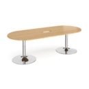 Trumpet base radial end boardroom table 2400mm x 1000mm with central cutout 272mm x 132mm - chrome base and oak top