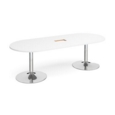 Trumpet base radial end boardroom table 2400mm x 1000mm with central cutout 272mm x 132mm - chrome base and white top