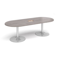 Trumpet base radial end boardroom table 2400mm x 1000mm with central cutout 272mm x 132mm - silver base and grey oak top