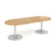 Trumpet base radial end boardroom table 2400mm x 1000mm with central cutout 272mm x 132mm - silver base and oak top