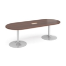 Trumpet base radial end boardroom table 2400mm x 1000mm with central cutout 272mm x 132mm - silver base and walnut top