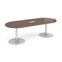 Trumpet base radial end boardroom table 2400mm x 1000mm with central cutout 272mm x 132mm - silver base and walnut top