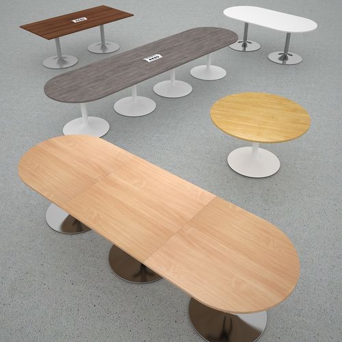 Trumpet base radial end boardroom table 2400mm x 1000mm with central cutout 272mm x 132mm - silver base and walnut top