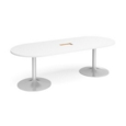 Trumpet base radial end boardroom table 2400mm x 1000mm with central cutout 272mm x 132mm - silver base and white top