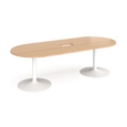 Trumpet base radial end boardroom table 2400mm x 1000mm with central cutout 272mm x 132mm - white base and beech top