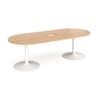 Trumpet base radial end boardroom table 2400mm x 1000mm with central cutout 272mm x 132mm - white base and beech top