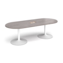 Trumpet base radial end boardroom table 2400mm x 1000mm with central cutout 272mm x 132mm - white base and grey oak top