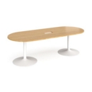 Trumpet base radial end boardroom table 2400mm x 1000mm with central cutout 272mm x 132mm - white base and oak top