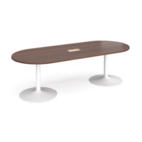 Trumpet base radial end boardroom table 2400mm x 1000mm with central cutout 272mm x 132mm - white base and walnut top