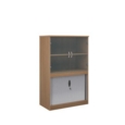 Systems combination unit with tambour doors and glass upper doors 1600mm high with 2 shelves - beech