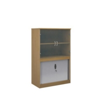 Systems combination unit with tambour doors and glass upper doors 1600mm high with 2 shelves - oak