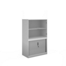 Systems combination unit with tambour doors and glass upper doors 1600mm high with 2 shelves - white