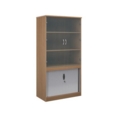 Systems combination unit with tambour doors and glass upper doors 2000mm high with 2 shelves - beech