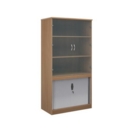 Systems combination unit with tambour doors and glass upper doors 2000mm high with 2 shelves - beech