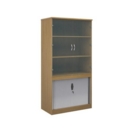 Systems combination unit with tambour doors and glass upper doors 2000mm high with 2 shelves - oak