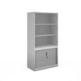 Systems combination unit with tambour doors and glass upper doors 2000mm high with 2 shelves - white