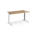 TR10 height settable straight desk 1400mm x 800mm - white frame and oak top
