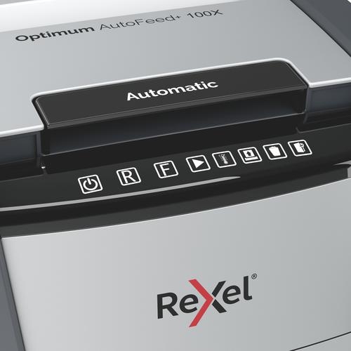 Rexel Optimum AutoFeed Plus 100X Cross Cut Shredder 34 Litre 100 Sheet Automatic/8 Sheet Manual Black 2020100X