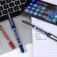 uni-ball Eye Micro UB-150 Liquid Ink Rollerball Pen 0.5mm Tip 0.3mm Line Plastic Free Packaging Black (Pack 5)