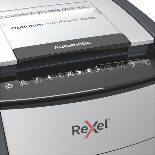 Rexel Optimum AutoFeed Plus 600X Cross Cut Shredder 110 Litre 600 Sheet Automatic/15 Sheet Manual Black 2020600X