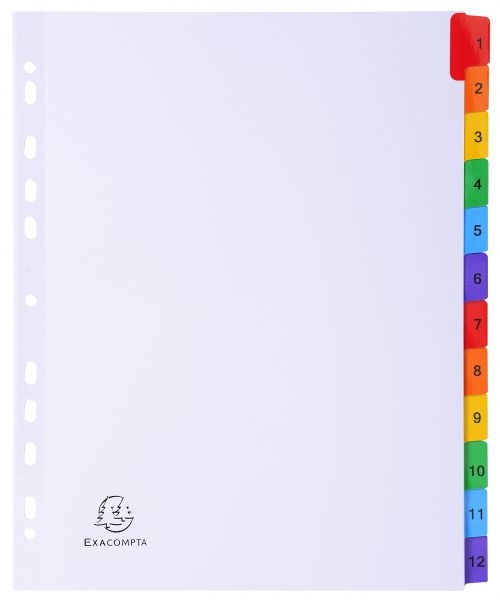 Exacompta Index 1-12 A4 Extra Wide 160gsm Card White with Coloured Plastic Tabs