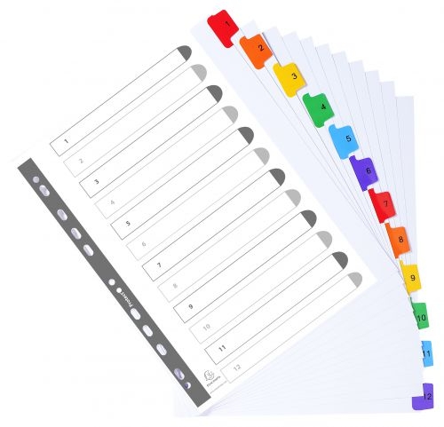 Exacompta Index 1-12 A4 Extra Wide 160gsm Card White with Coloured Plastic Tabs