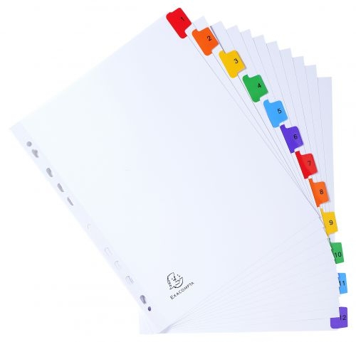 Exacompta Index 1-12 A4 Extra Wide 160gsm Card White with Coloured Plastic Tabs