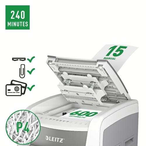 Leitz IQ AutoFeed Office Pro 600 Cross Cut Shredder 110 Litre 600 Sheet Automatic/15 Sheet Manual White 80171000