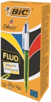 Bic 4 Colours Fluo Ballpoint Pen and Highlighter 1mm Tip 0.32mm Line and 1.6mm Tip 0.42mm Line Yellow/White Barrel Black/Blue/Red/Yellow Ink (Pack 12)