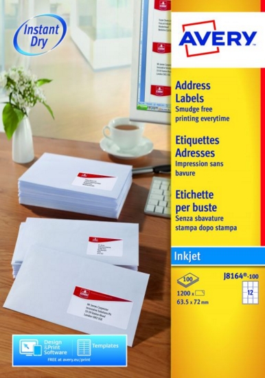 Avery Inkjet Address Label 63.5x72mm 12 Per A4 Sheet White (Pack 1200 Labels) J8164-100