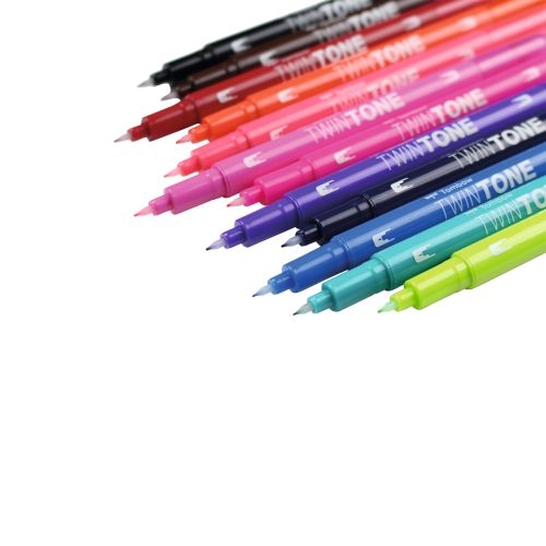 Tombow TwinTone Dual Tip Marker 0.8mm and 0.3mm Line Bright Assorted Colours (Pack 12)
