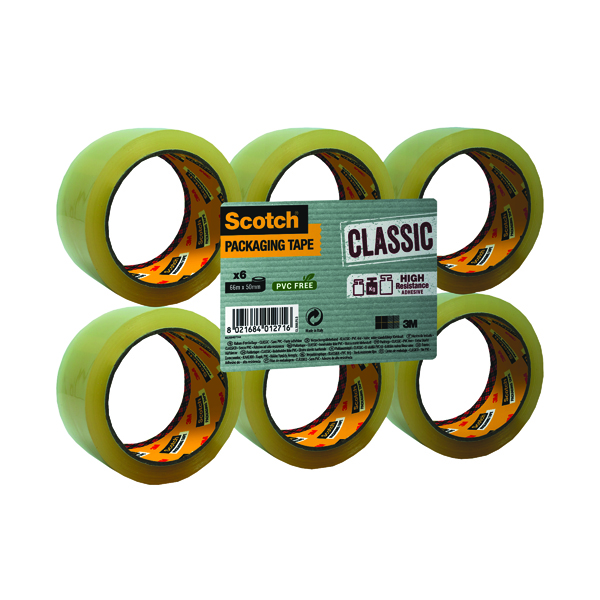 Scotch Clear Packaging Tape Polypropylene 50mm x 66m (6 Pack) C5066SF6