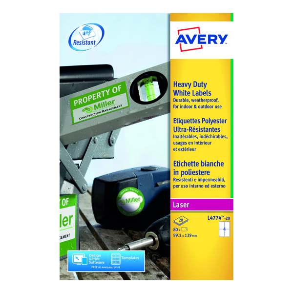 Avery Laser Label Heavy Duty 4 Per Sheet White (Pack of 80) L4774-20