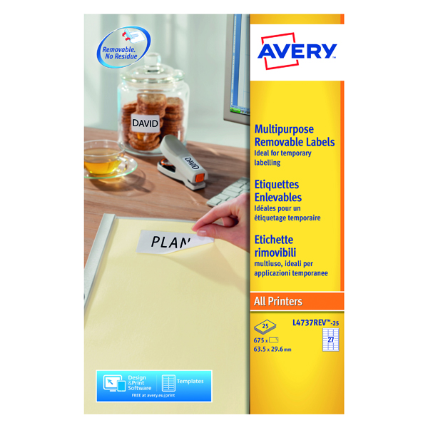 Avery Removable Labels 27 Per Sheet White (Pack of 675) L4737REV-25