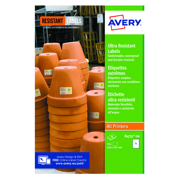 Avery Ultra Resistant Labels 210x297mm (20 Pack) B4775-20