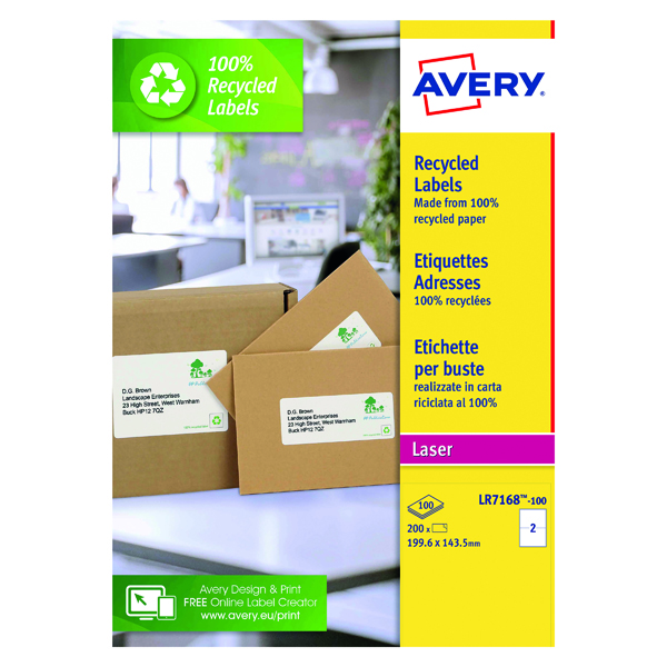 Avery Laser Labels Recycled 2 Per Sheet White (Pack of 200) LR7168-100