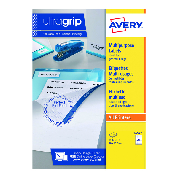 Avery Ultragrip Multipurpose Labels 70x42.3mm 21 Per Sheet White (2100 Pack) 3652